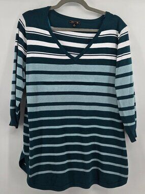 Lety & Me Striped V-Neck Top 3/4 Sleeve Soft Knit Shirt - XL Teal/Green/White
